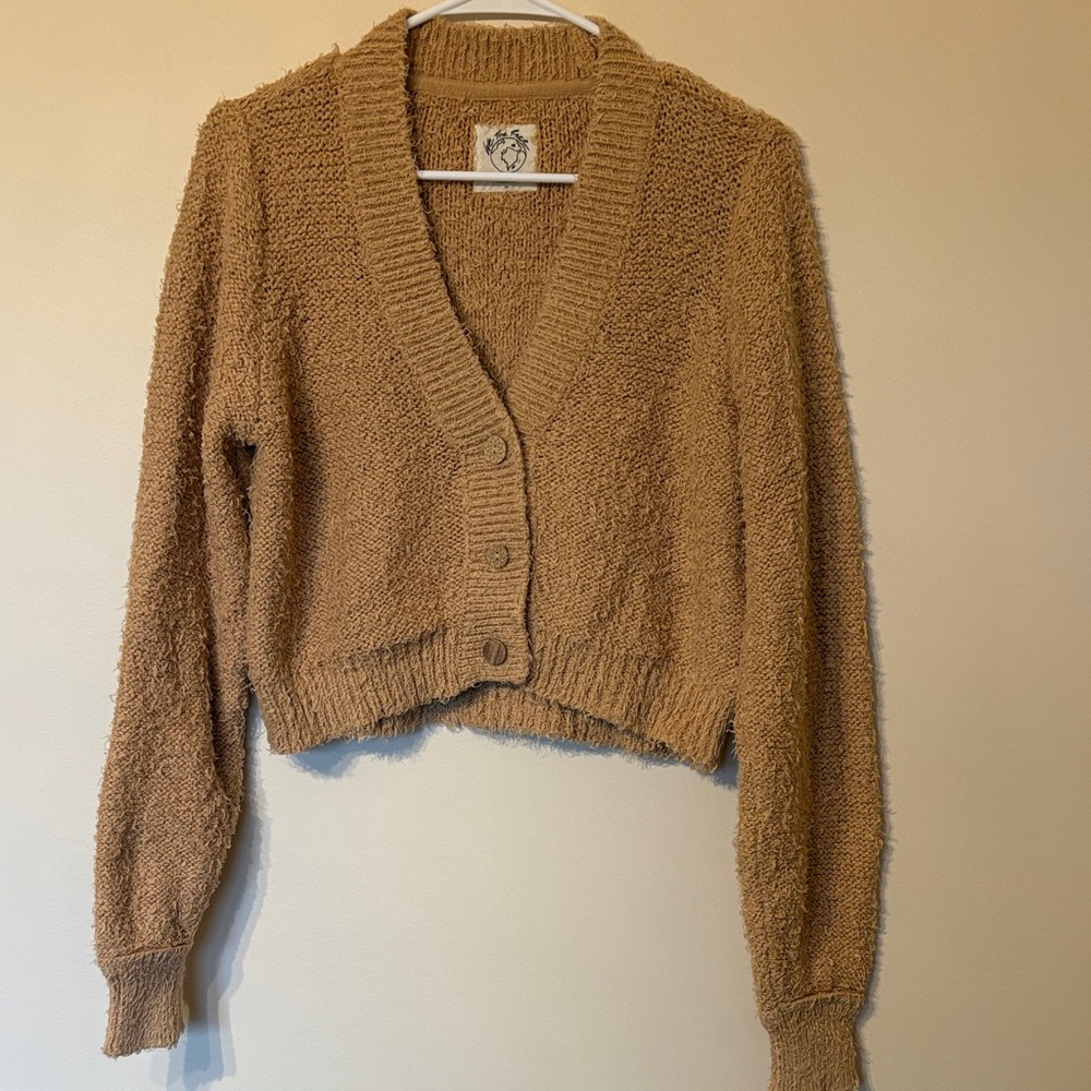 We The Free Cropped V-Neck Button Cardigan - Camel